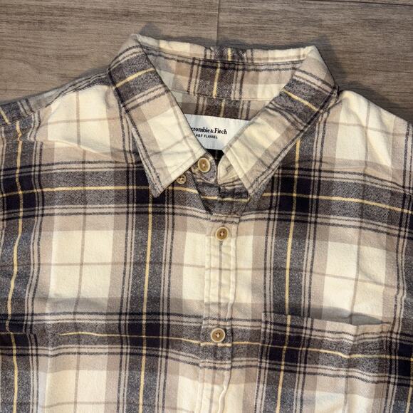Abercrombie & Fitch Shirt Men M CreamTan Plaid Flannel Soft Relaxed Long Sleeve - Picture 2 of 5